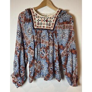 Anthropologie Seen Worn Rest Blouse Shirt Blue Orange Embroidery Medium M